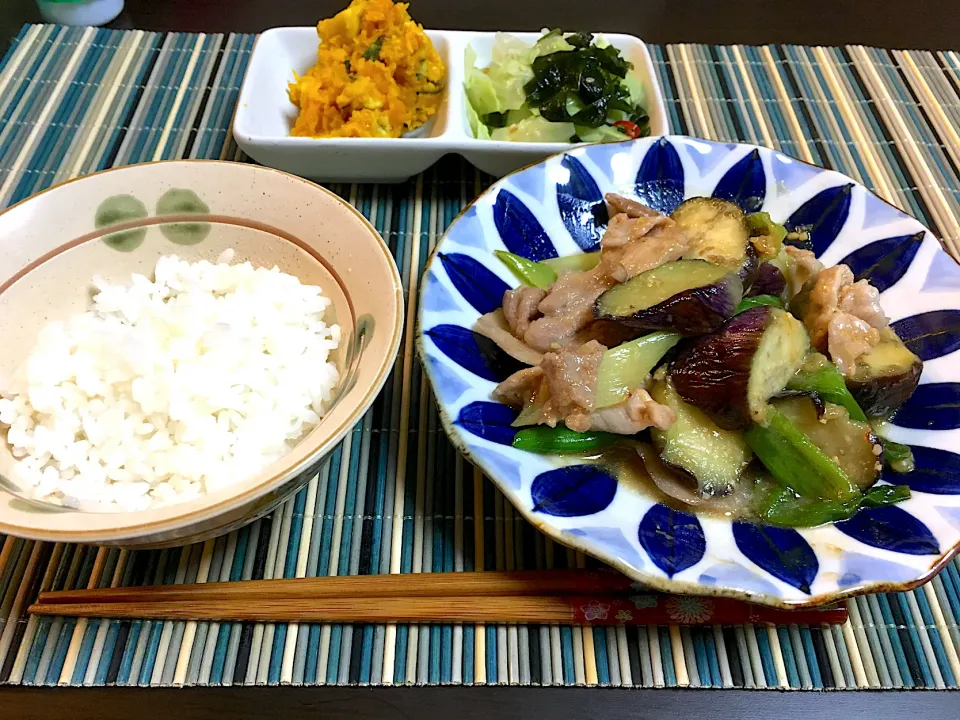 なすの豚味噌炒め、かぼちゃとさつまいものサラダ、キャベツのナムル|ちぐあささん