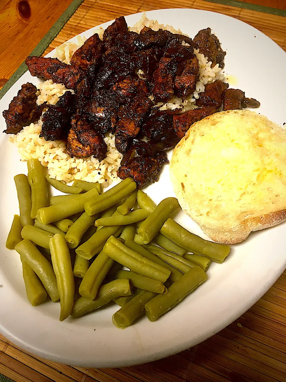 Sautéed Pork Loin, With Lemon Herb and Worcestershire Sauce, Green Beans, Brown Rice and English Muffin|Michaels Culinary Adventuresさん