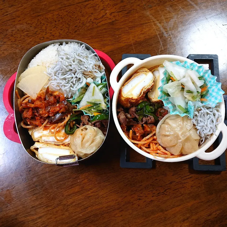 旦那 私弁当🍱
  はんぺんチーズの玉子焼き
  スパゲティ
  牛こま炒め😄|miimiさん