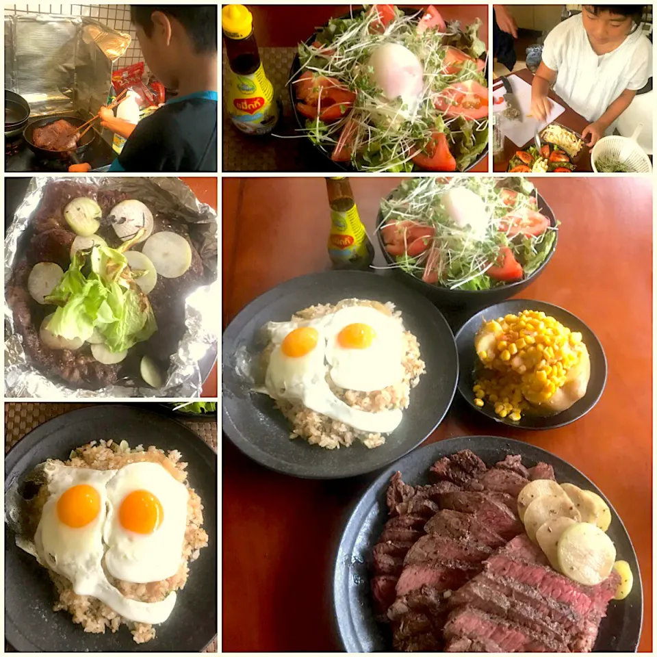 Sunday brunch🍴 ｻﾗﾀﾞ･分厚いｽﾃｰｷ･ｶﾞｰﾘｯｸﾗｲｽw/目玉焼き･じゃがﾊﾞﾀｰ|🌈Ami🍻さん