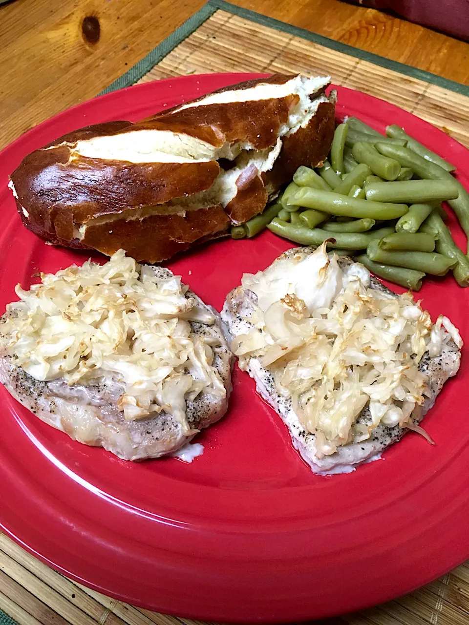 Baked Pork Loin with Black Pepper, Sour Kraut and Olive Oil; Served With Green Beans and Pretzel Roll|Michaels Culinary Adventuresさん