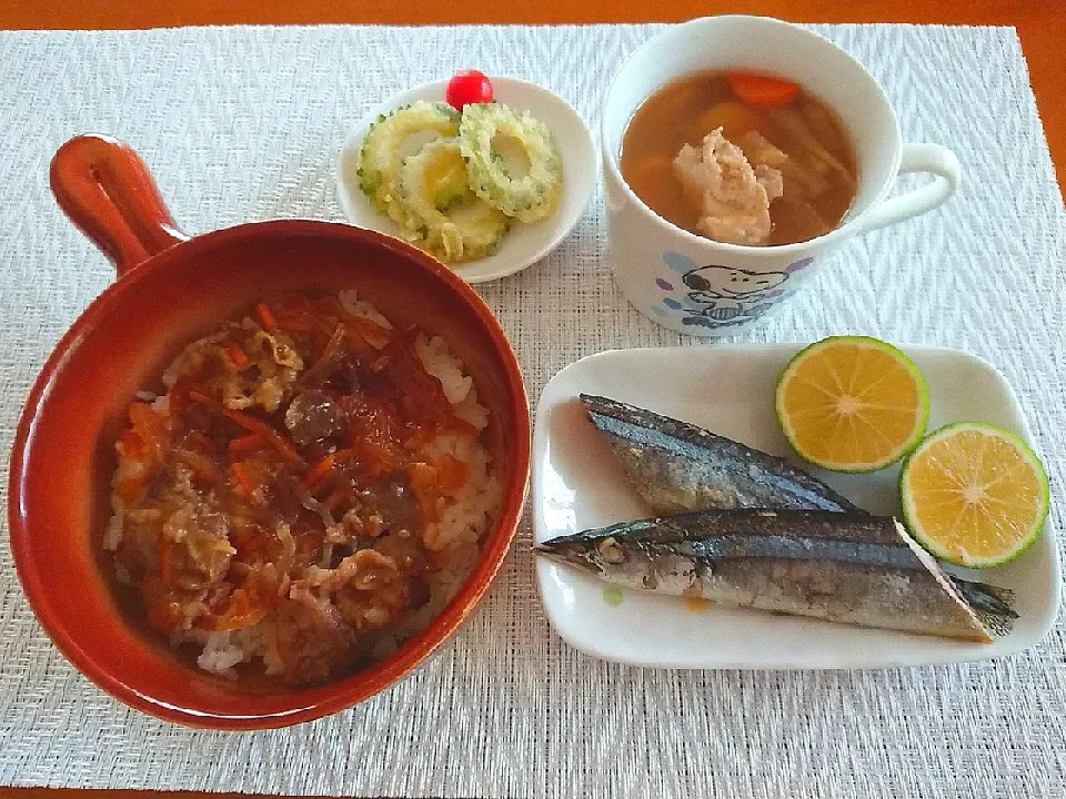 プルコギ丼  サンマ塩焼き  ゴーヤ天ぷら  みそスープ❗|chikakoさん