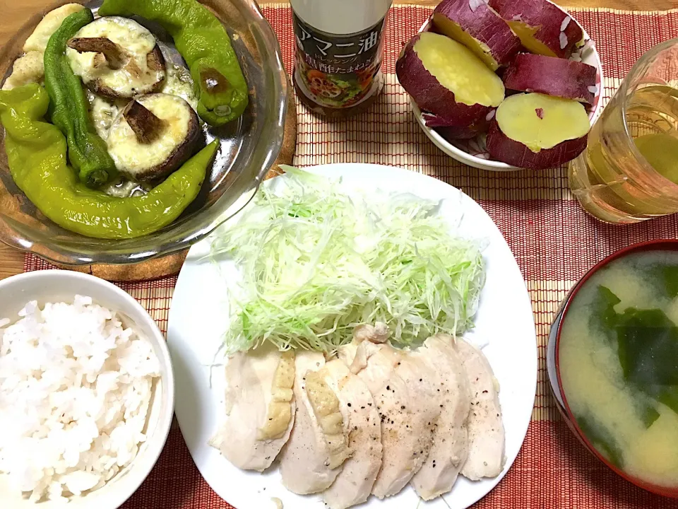 2019/09/19 鶏ハム、山盛千切りキャベツ、椎茸チーズ、炊飯器でホクホク鳴門金時|kykyさん