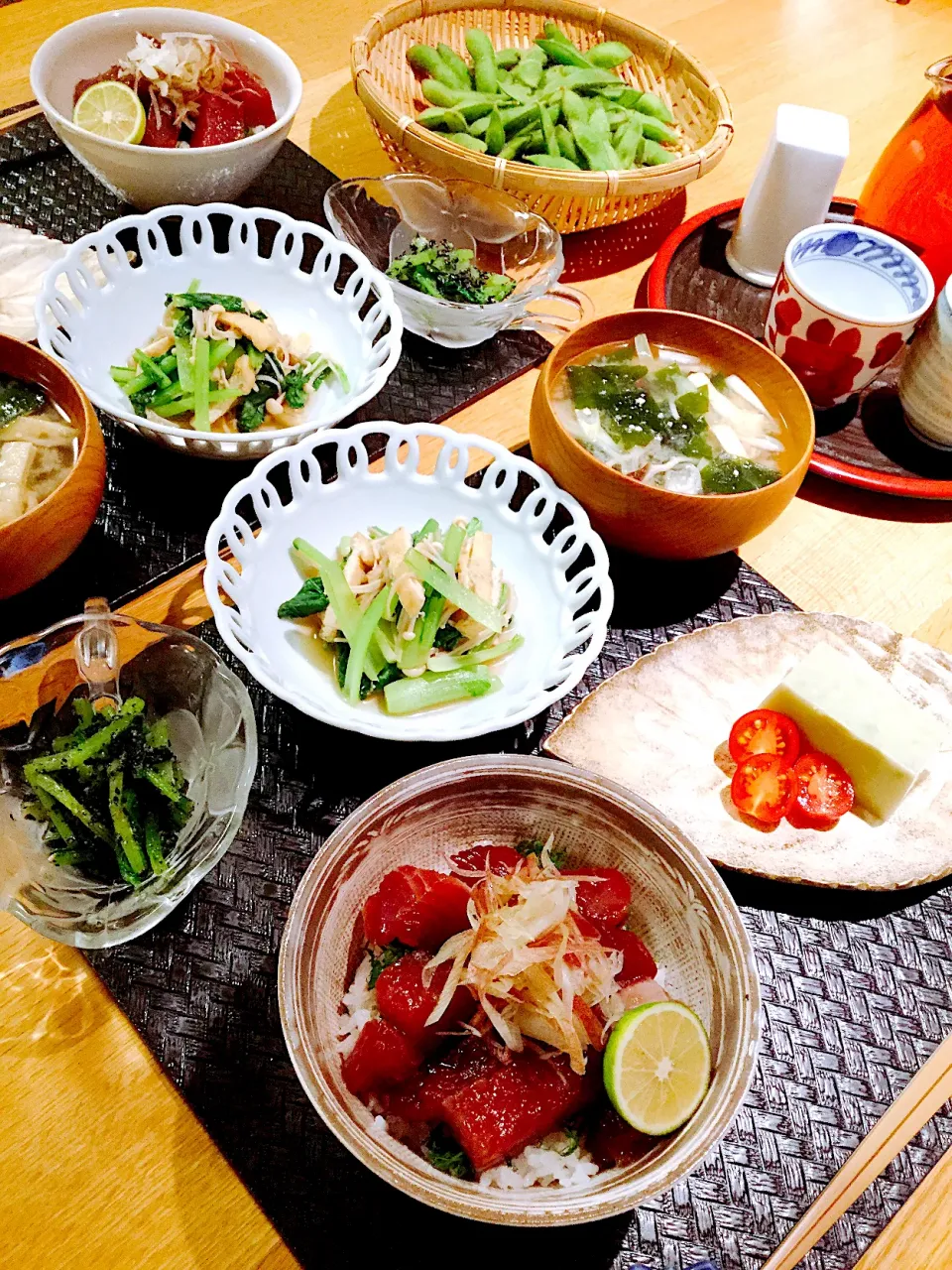 鰹ヅケ丼、揚げと小松菜エノキ煮浸し、小松菜胡麻和え|papinさん