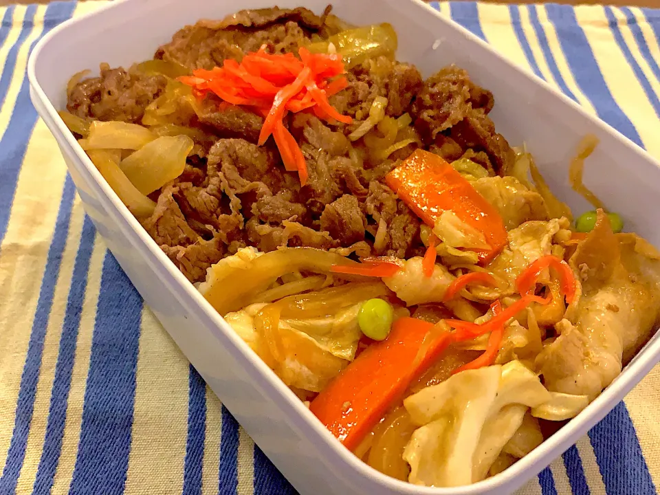 牛丼、豚肉と野菜炒め弁当|🍭よっぴさん