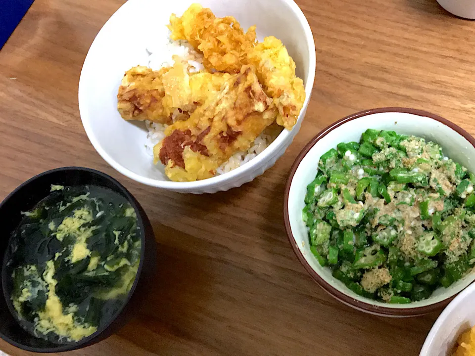 天丼、オクラの胡麻和え、かきたまスープ|aicooさん