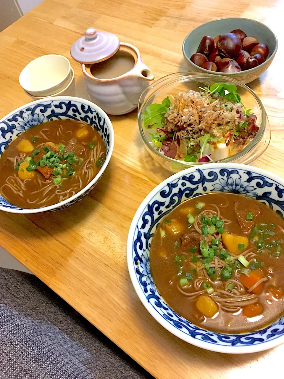 ２日目はカレーそば♡オニスラとお豆腐のサラダ🥗♡蕎麦湯♡初物くり🌰|さくたえさん