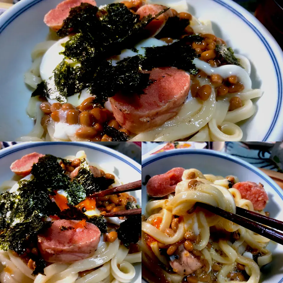 朝うどん　卵かけうどん　納豆、焼たらこ、海苔トッピング　#卵かけうどん　#朝ごはん　#焼きたらこ　#納豆　#うどん　#ズボラご飯　#海苔　#焼き海苔|sakumaさん