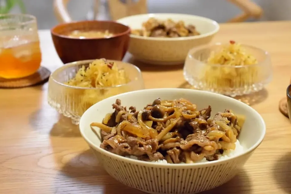 牛丼とそうめんかぼちゃのナムル|うにんぱすさん