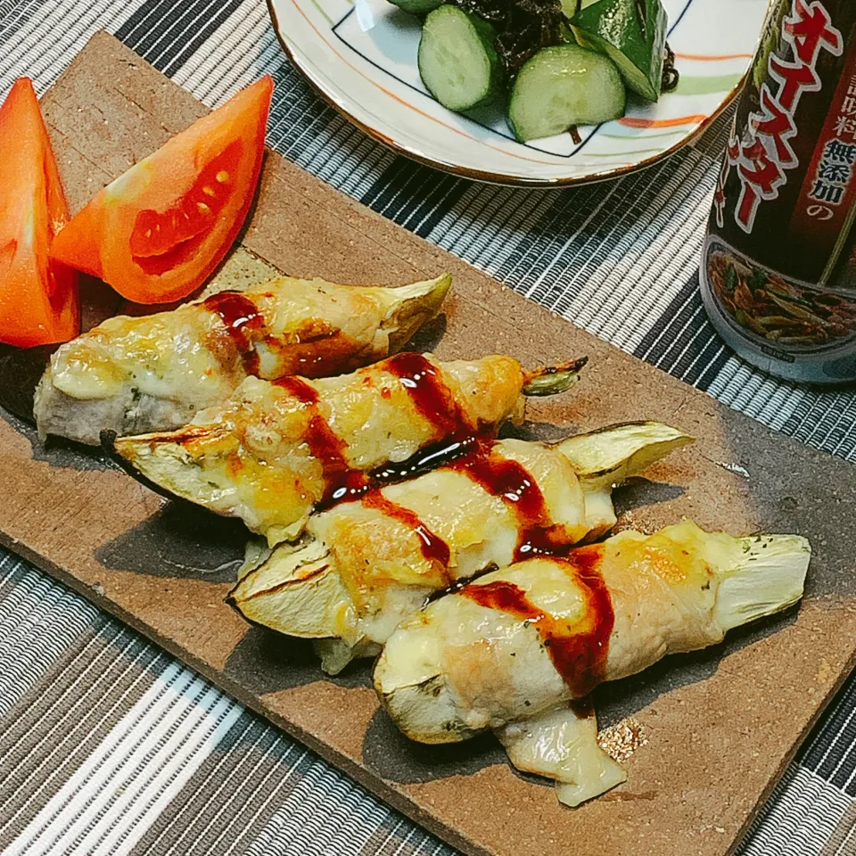 茄子の肉巻きチーズ焼き生がけオイスターソース|アスママさん