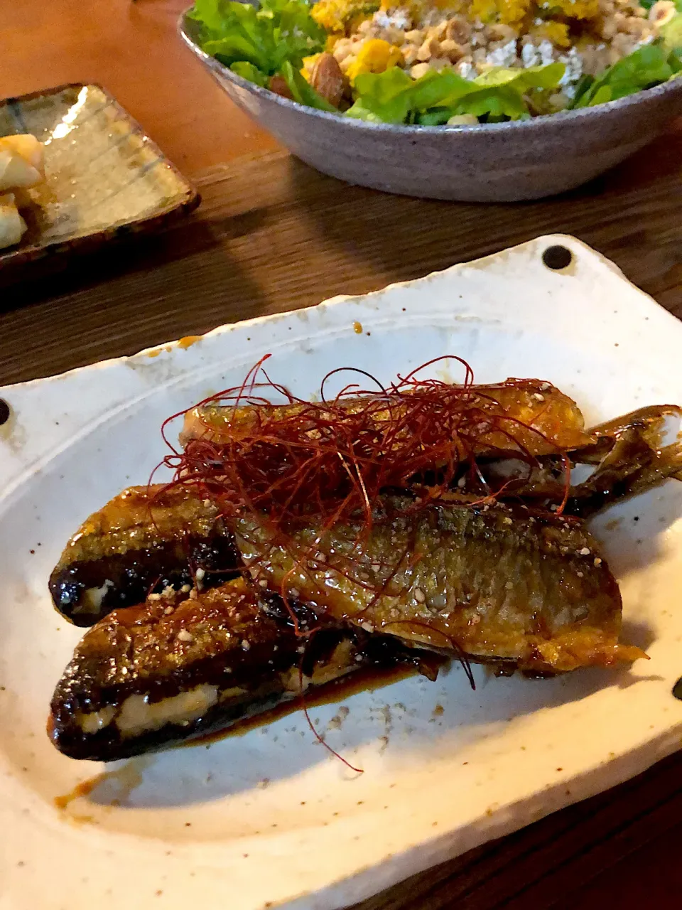 Snapdishの料理写真:ピリ辛揚げ焼き秋刀魚|ぴたん♡さん