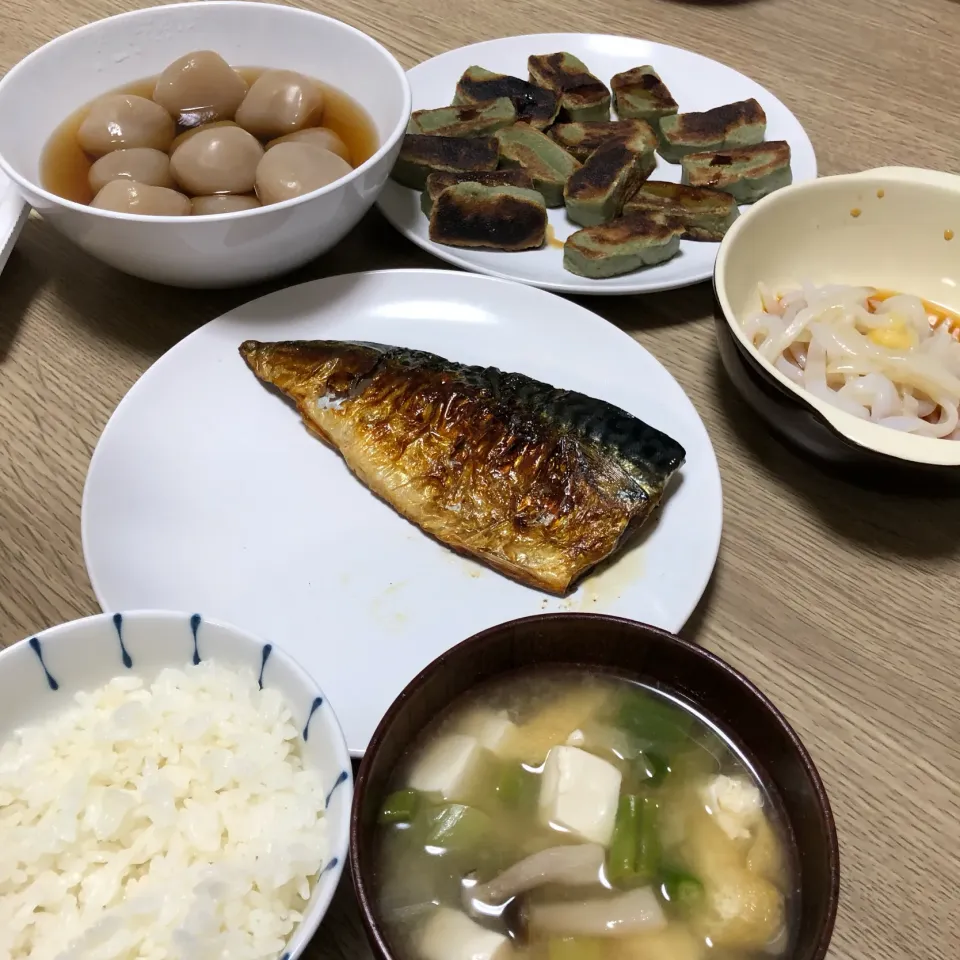 鯖塩焼き、玉こん、焼きよもぎ麩、イカそうめん|seiko Oさん