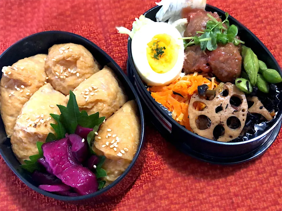 Snapdishの料理写真:9／30昼食 #昼ごはん #弁当  •いなり寿司/柴漬け •ミートボール/ゆで卵/人参とえのきのキンピラ/蓮根ひじき煮/枝豆|おさんどんさん