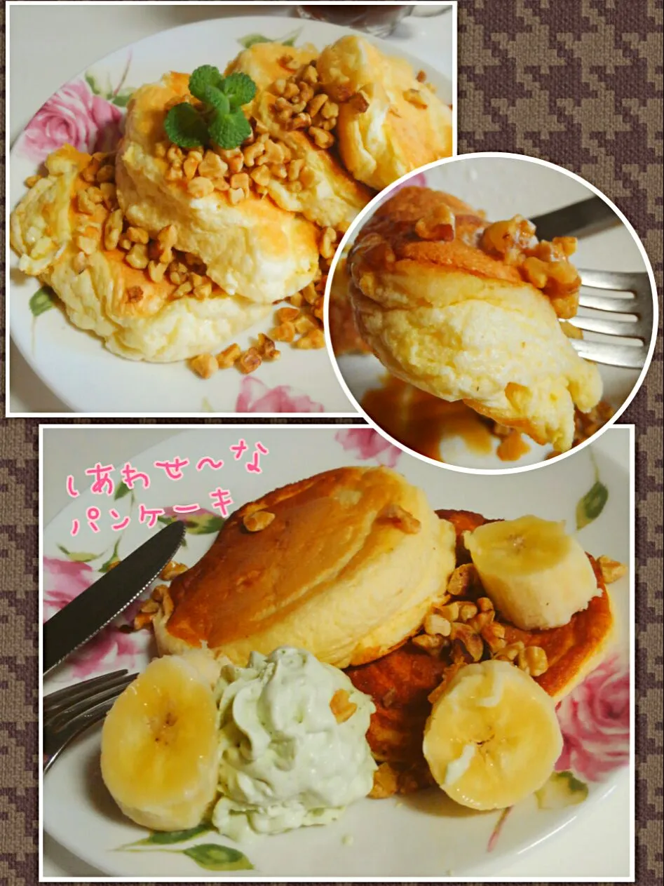 Snapdishの料理写真:ひかりママさんのレシピ追記♥ふわふわ～✨幸せのパンケーキ風～スフレパンケーキ😊🍴|みったんさん