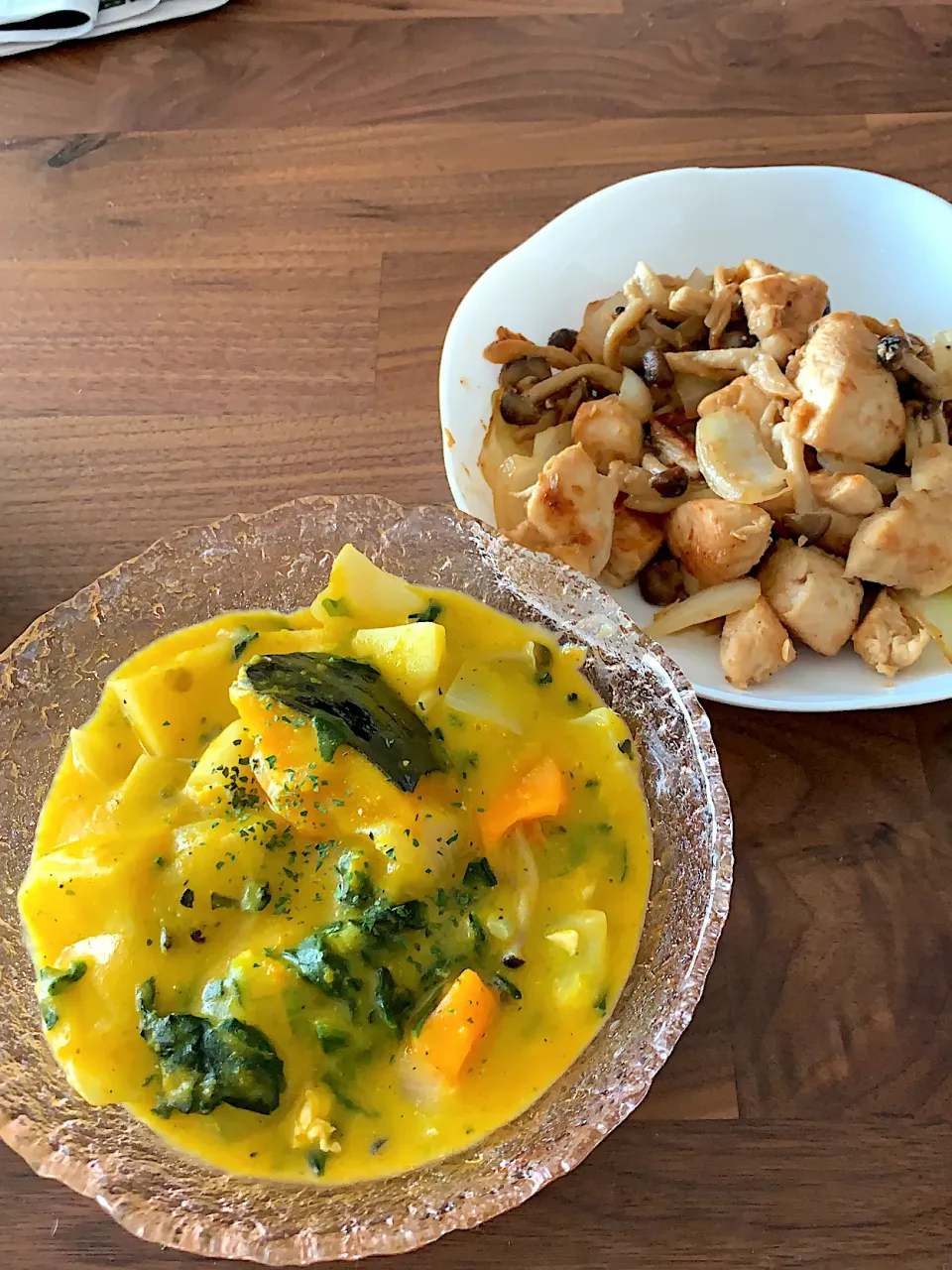 かぼちゃのシチューと鶏肉の胡麻味噌炒め|💗さん