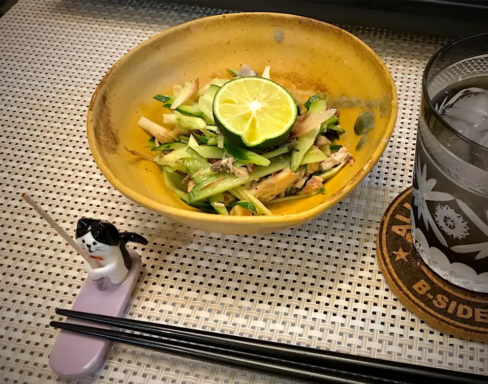 サバ缶🐟と乱切りきゅうり🥒ミョウガを刻んで混ぜ合わせて、スダチ&醤油で聖水沐浴のお友達を作ってみました。|にゃあ（芸名）さん