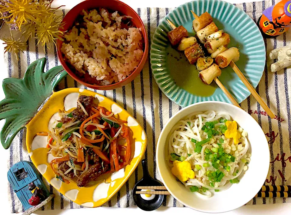 レバ野菜炒め、なんちゃって焼鳥、炊き込みご飯、ぶっかけそうめん|syamさん