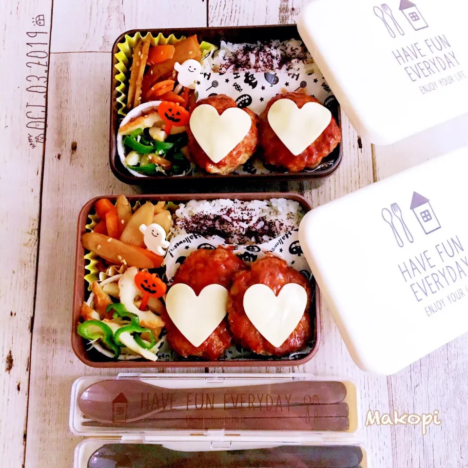 Snapdishの料理写真:今日のお弁当 (^^)♡ #娘と私のお弁当 #チーズのせハンバーグ#じゃこぴ〜ちくわ#きんぴらごぼう|まこぴ～♪さん