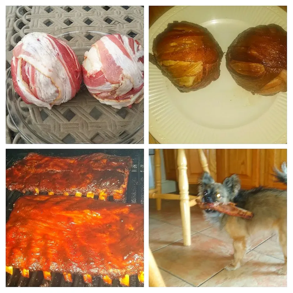 White Spanish Onion stuffed with meatball wrap with bacon. Louisiana Ribs. My 5 pound chiwawa managed to grab a snack|Frank Ortizさん