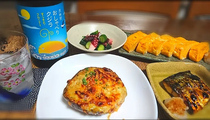 加茂ナス🍆の味噌チーズ焼き
酢ダコ🐙
だし巻き玉子🥚  🍶
 鯖塩焼き🐟|びせんさん