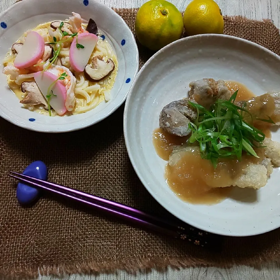 鱈と里芋の揚げだしと簡単レンチン小田巻蒸し|真希さん