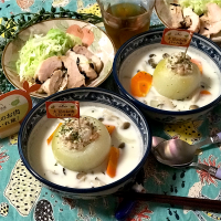 玉ねぎ丸ごと肉詰めを大豆ミートで😋シロカちゃんであっという間💓まいう〰