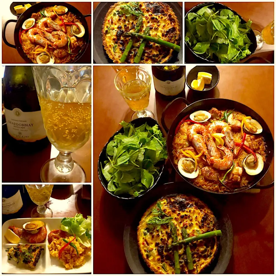 Today's Dinner🍴ｸﾞﾘｰﾝｻﾗﾀﾞ･お野菜たっぷり春菊と舞茸のｷｯｼｭ･ﾊﾞﾚﾝｼｱ風ﾊﾟｴﾘｱ|🌈Ami🍻さん