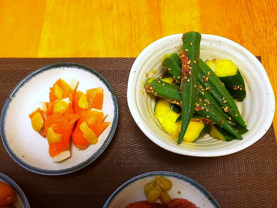 スモークサーモンの長芋包み辛子添え
オクラときゅうりの辛味和え|たっつーさん