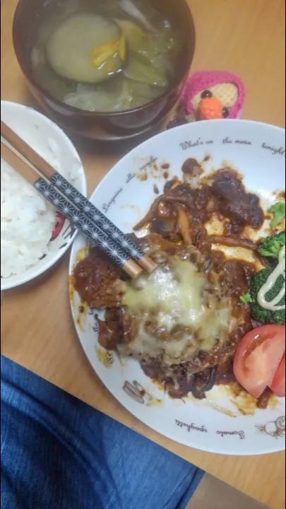 Snapdishの料理写真:煮込みハンバーグをつくりました！凄くおいしかったです！すきなひととたべました！かたずけをしてくれたので、とてもうれしかったです！|みーちゃんさん