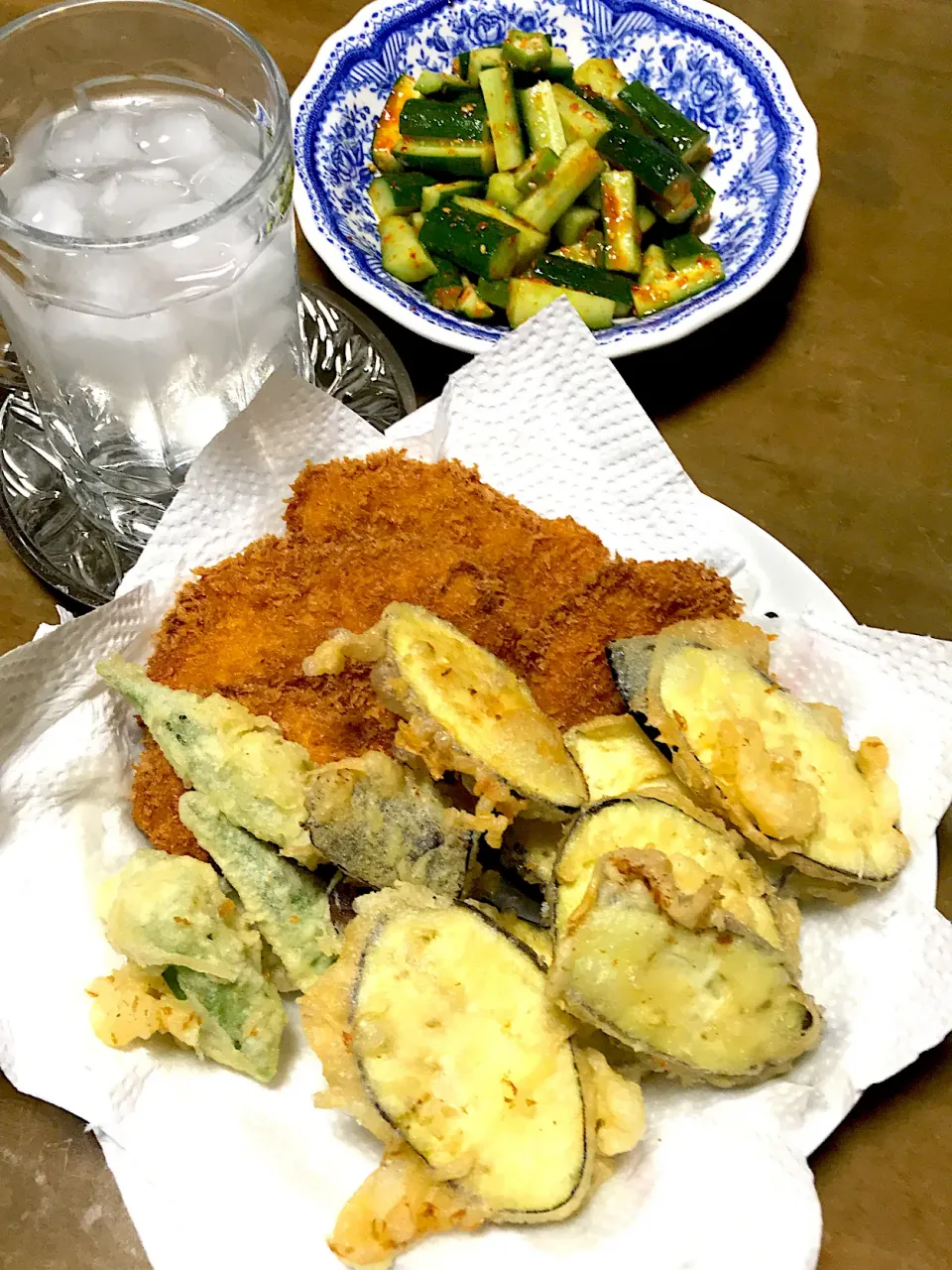 Snapdishの料理写真:鶏むね肉唐揚げ、オクラと茄子の天ぷら💖|Norio Fukudaさん