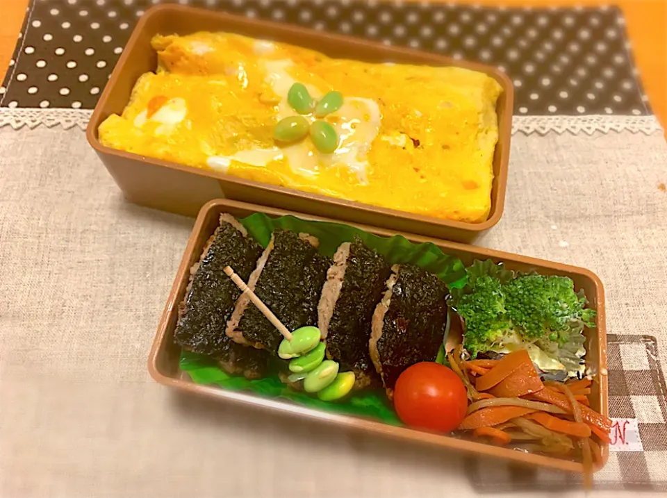 豚ひき磯辺焼き🐖、きんぴら🥕、ブロッコリー🥦マヨソテー、オムライス🥚🍅|あやこさん