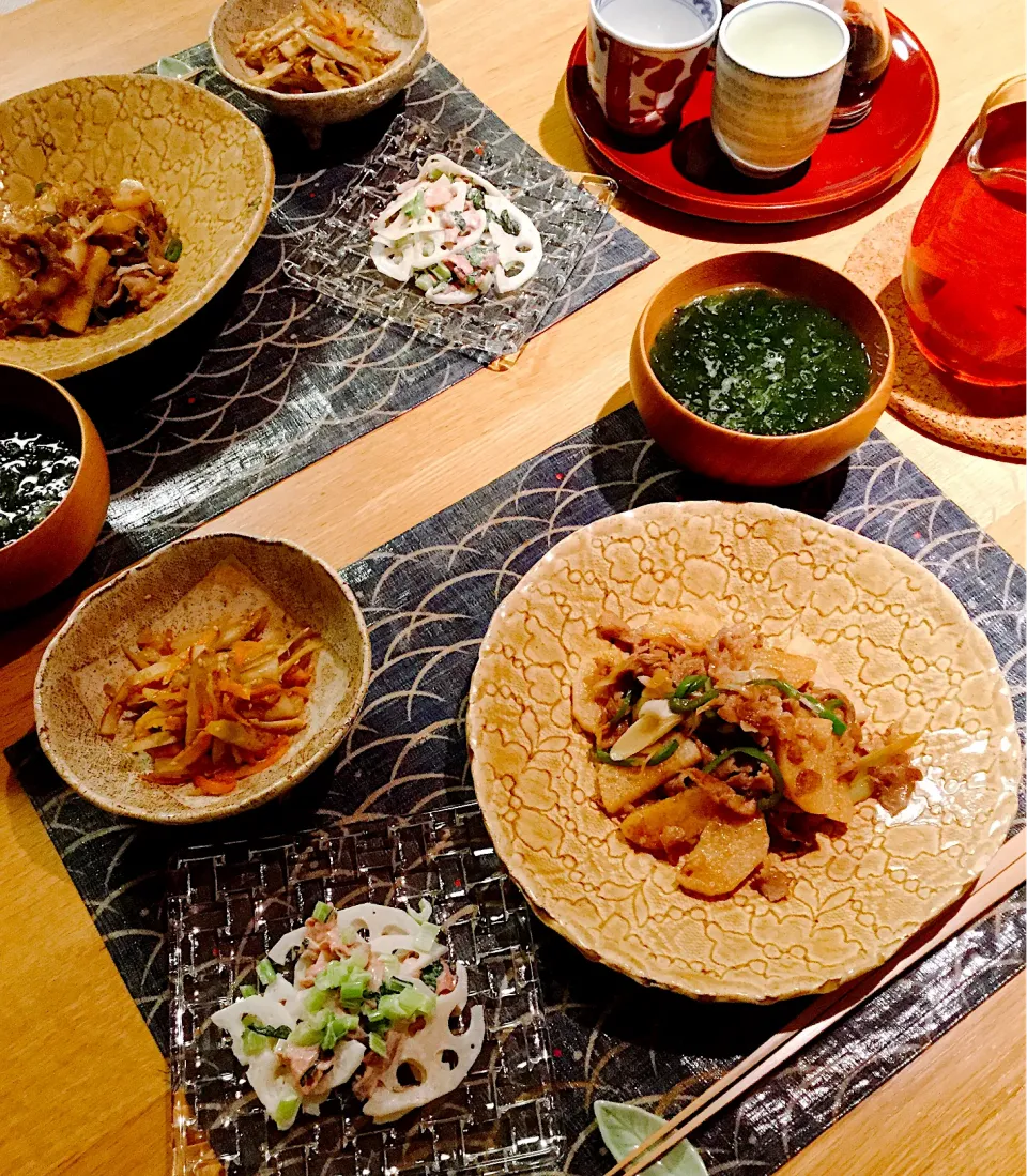 牛肉と山芋のニンニク醤油炒め、蓮根サラダ|papinさん