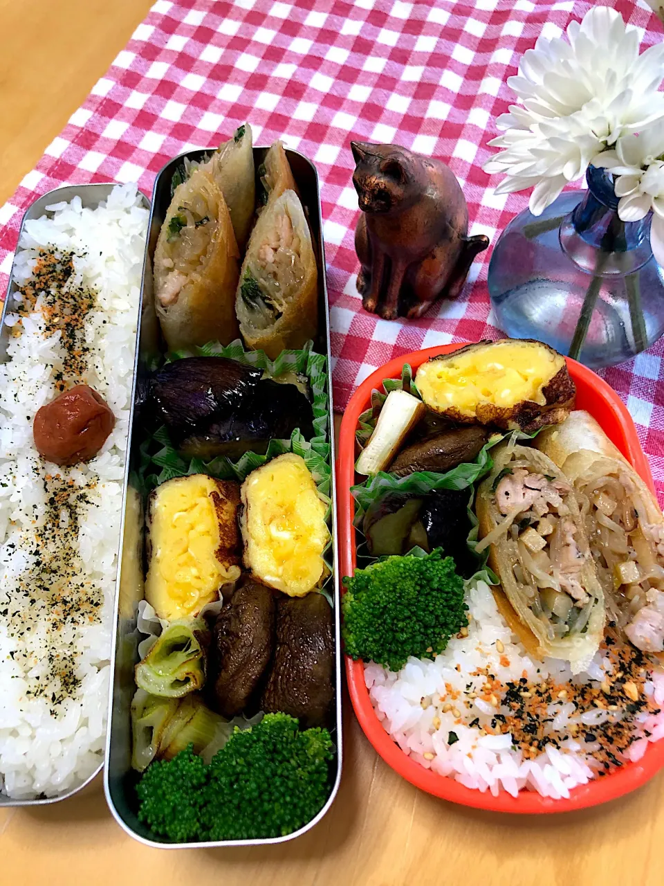 春巻き　椎茸とネギ焼き　卵焼き　茄子煮物　ブロッコリー🥦 弁当|Kumiko Kimuraさん