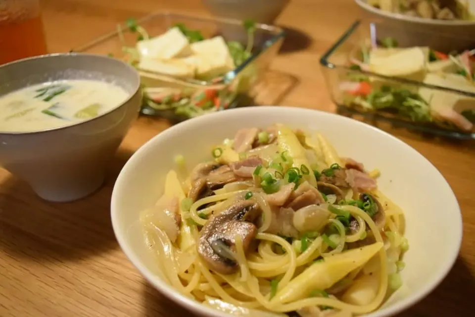 細筍とベーコンとマッシュルームのパスタ|うにんぱすさん