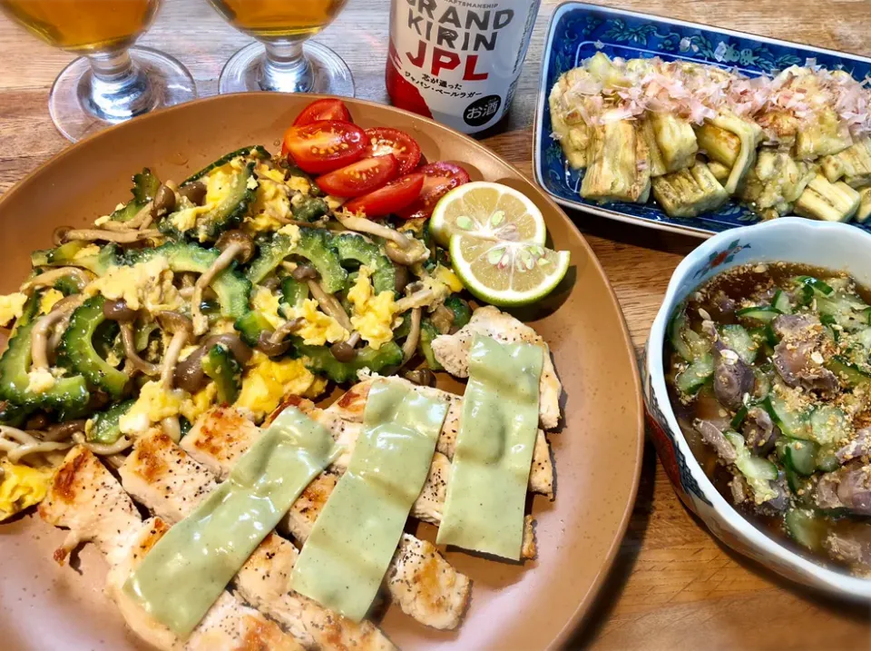 鶏むね肉ソテー    砂ずり酢物   焼き茄子|じゅんさんさん