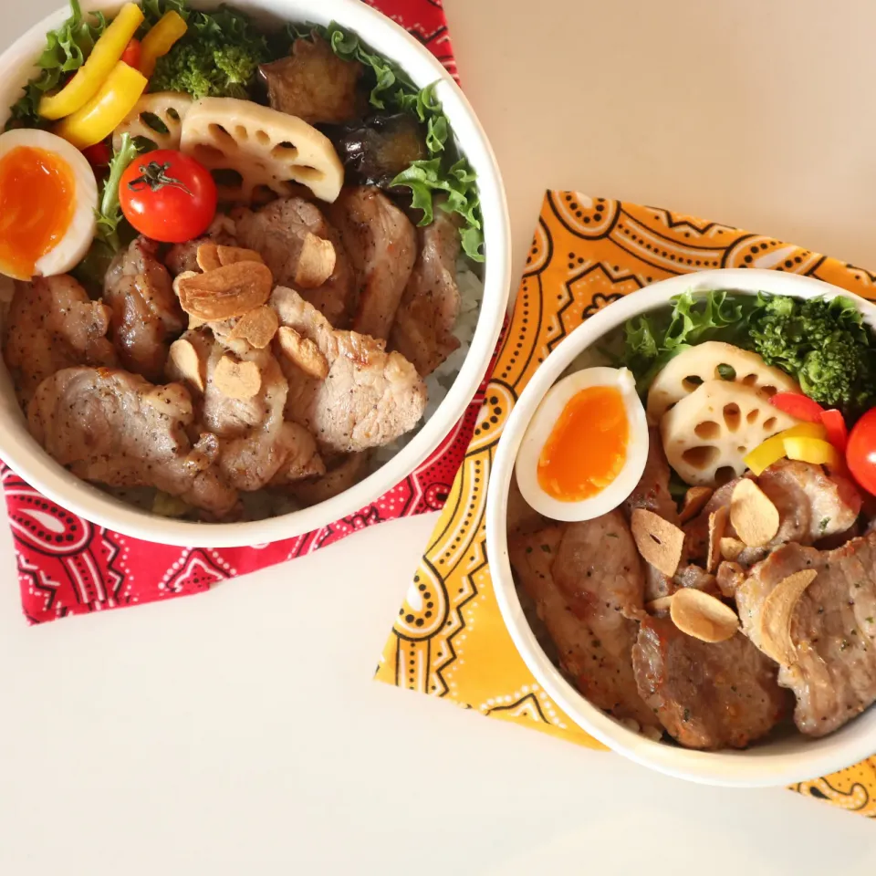 Snapdishの料理写真:中学生男子年子弁当🍱トンテキ丼|なかじー。さん