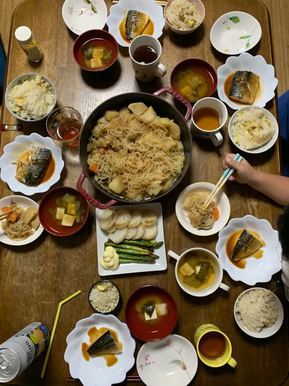 サバの味噌煮・肉じゃが・焼き野菜・栗ご飯・味噌汁|ちびろ菌さん