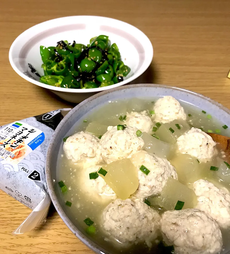 冬瓜と鶏団子の煮物、ピーマン塩昆布|Masamiさん