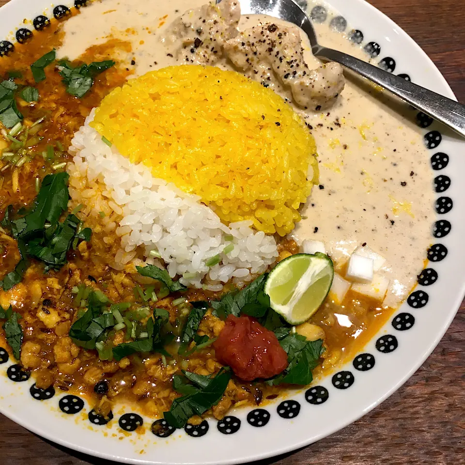 Snapdishの料理写真:ココナッツチキンカレーと鯛出汁鶏キーマのあいがけ#大阪スパイスカレー#スパイスの奥深き世界#挽きたてスパイス|七海さん