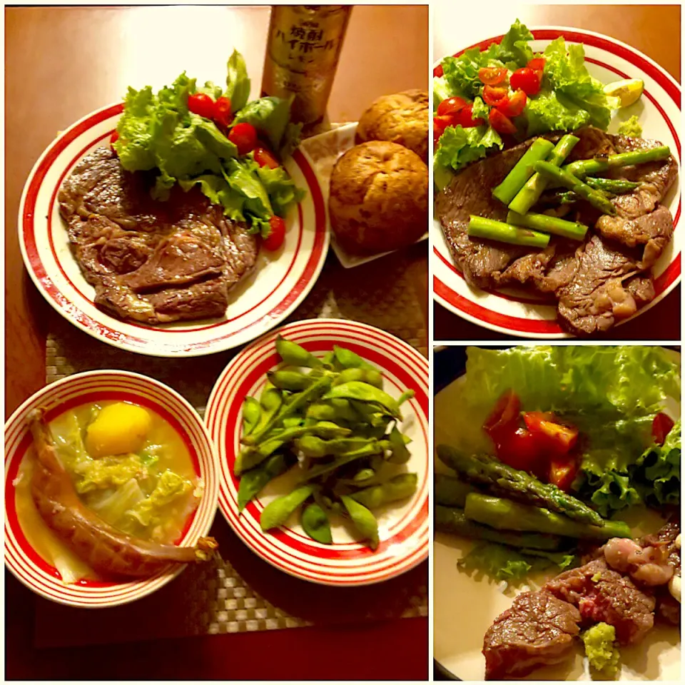 Snapdishの料理写真:Today's Dinner🍴 骨つきｿｰｾｰｼﾞﾎﾟﾄﾌ･丹波の黒枝豆･ﾋﾞｰﾌｽﾃｰｷ･ｵﾆｵﾝﾌﾞﾚｯﾄﾞ|🌈Ami🍻さん