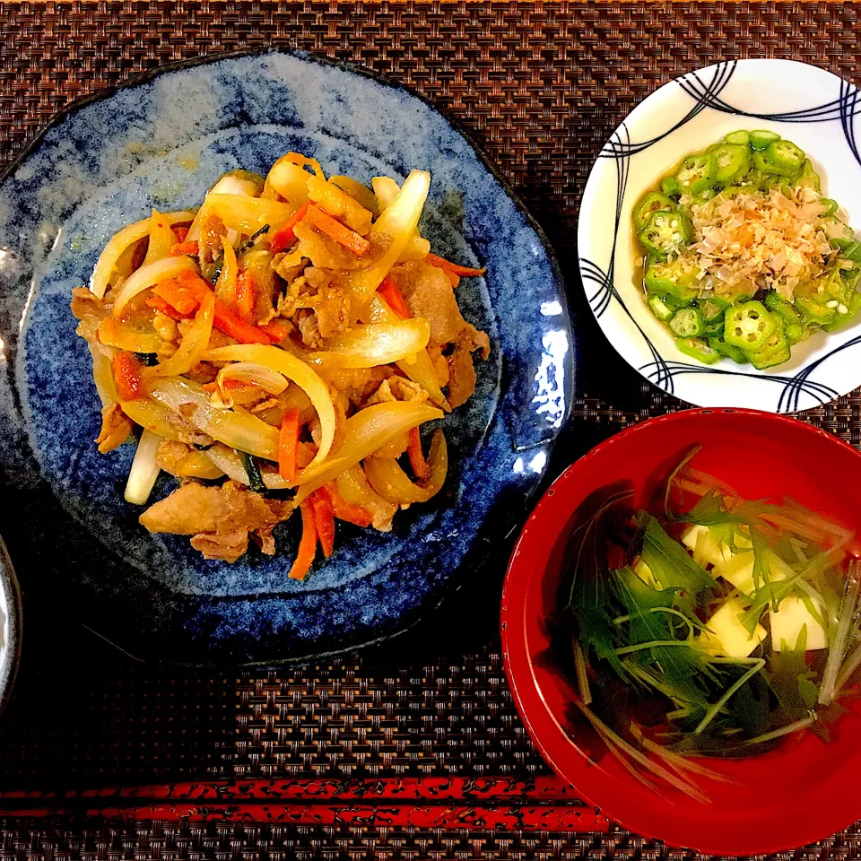 豚肉の味噌炒め／オクラポン酢和え／水菜と豆腐のすまし汁|ゆうこさん