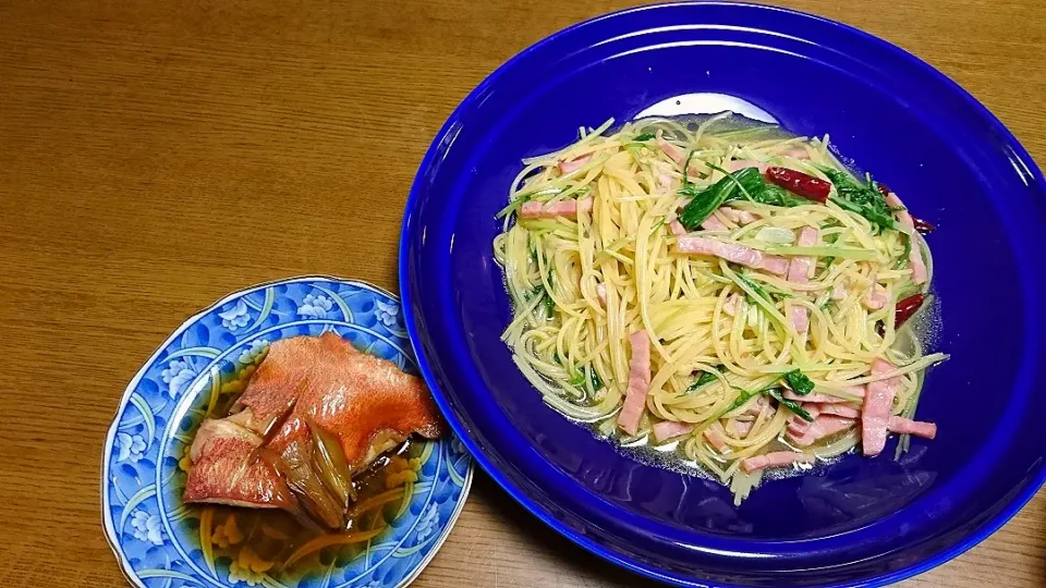 赤魚煮付け、ベーコンと水菜ペペロンチーノ|Akiko Nakamotoさん