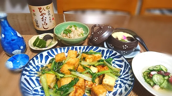 厚揚げと青菜🌱のみぞれ煮
茶碗蒸し✴️
酢ダコ🐙
新生姜のご飯      🍶|びせんさん