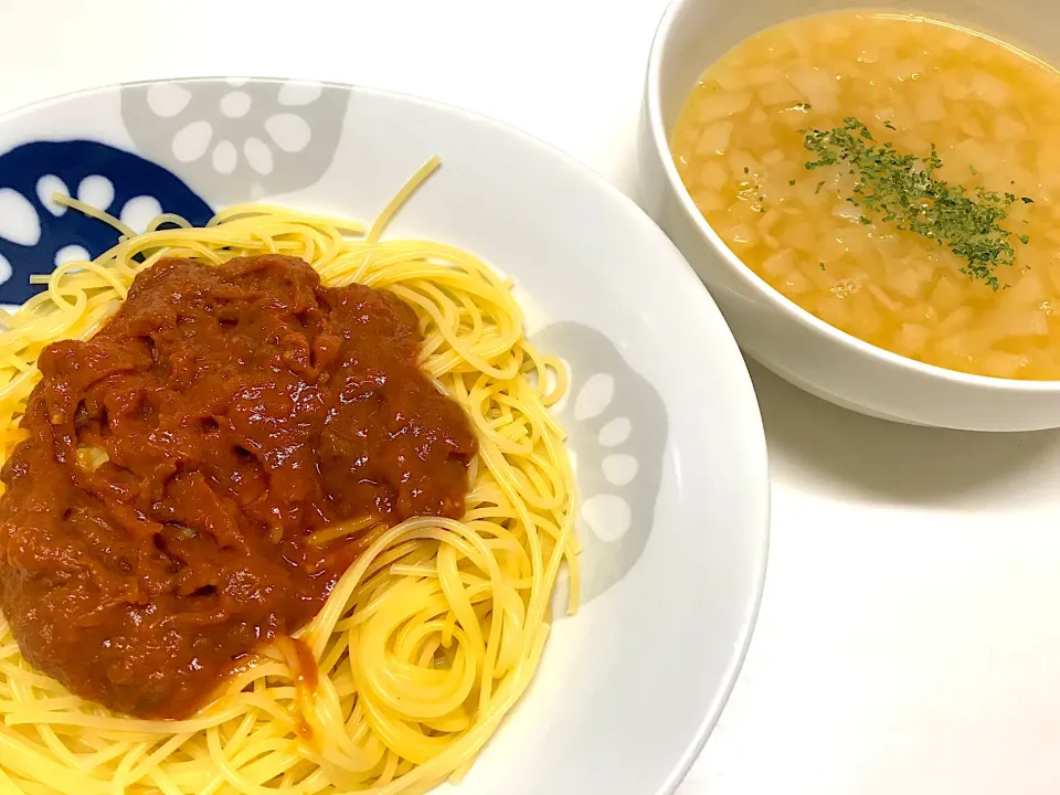 ミートソースパスタ、玉ねぎのスープ|Pさん