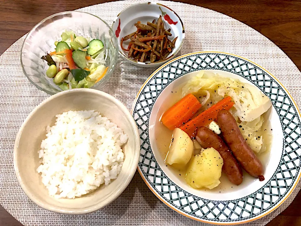 10/17夕食(ごはん、ポトフ、豆サラダ、きんぴらごぼう)|ありんこさん