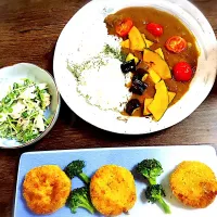 Snapdishの料理写真:野菜カレーとかぼちゃのコロッケ|azarash_gohanさん