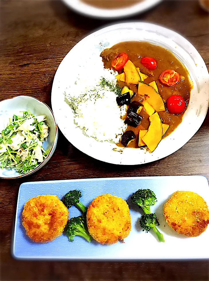 Snapdishの料理写真:野菜カレーとかぼちゃのコロッケ|azarash_gohanさん