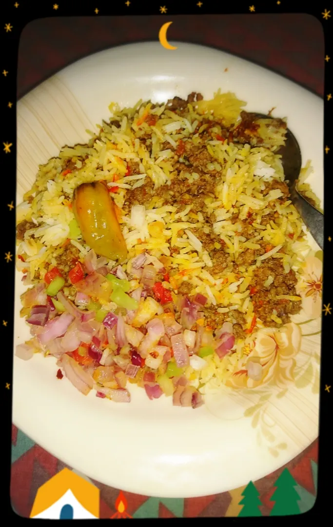 Mince Biryani (Spicy Mince Rice) with Salad.|wajiha a sabirさん