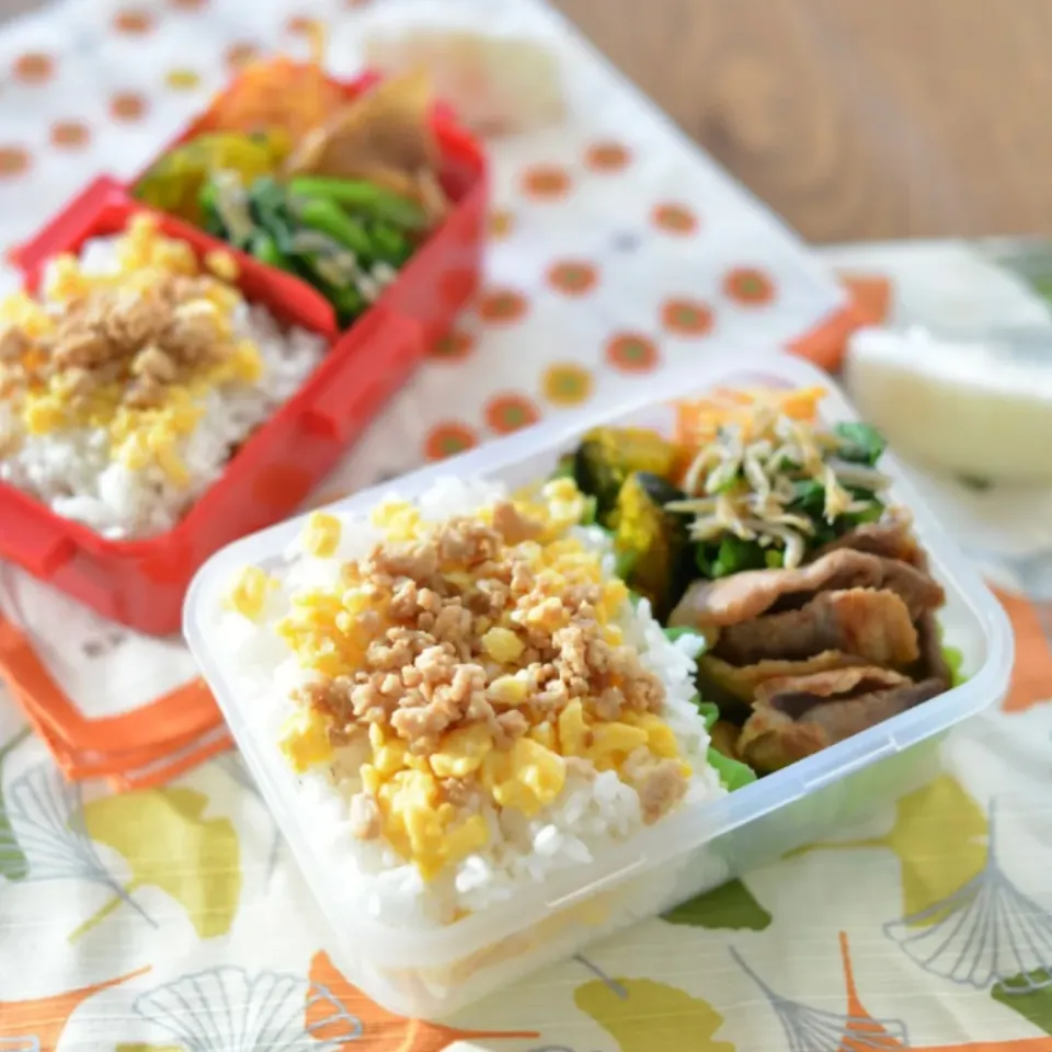 今日のお弁当🍱
ほぼ残り物

たまごごはん&鶏そぼろ
豚丼（昨日の夕飯の残り）
かぼちゃのにんにく炒め（一昨日の残り）
ニンジンしりしり（残り物冷凍）
小松菜レンチンお浸し|さわ太郎さん