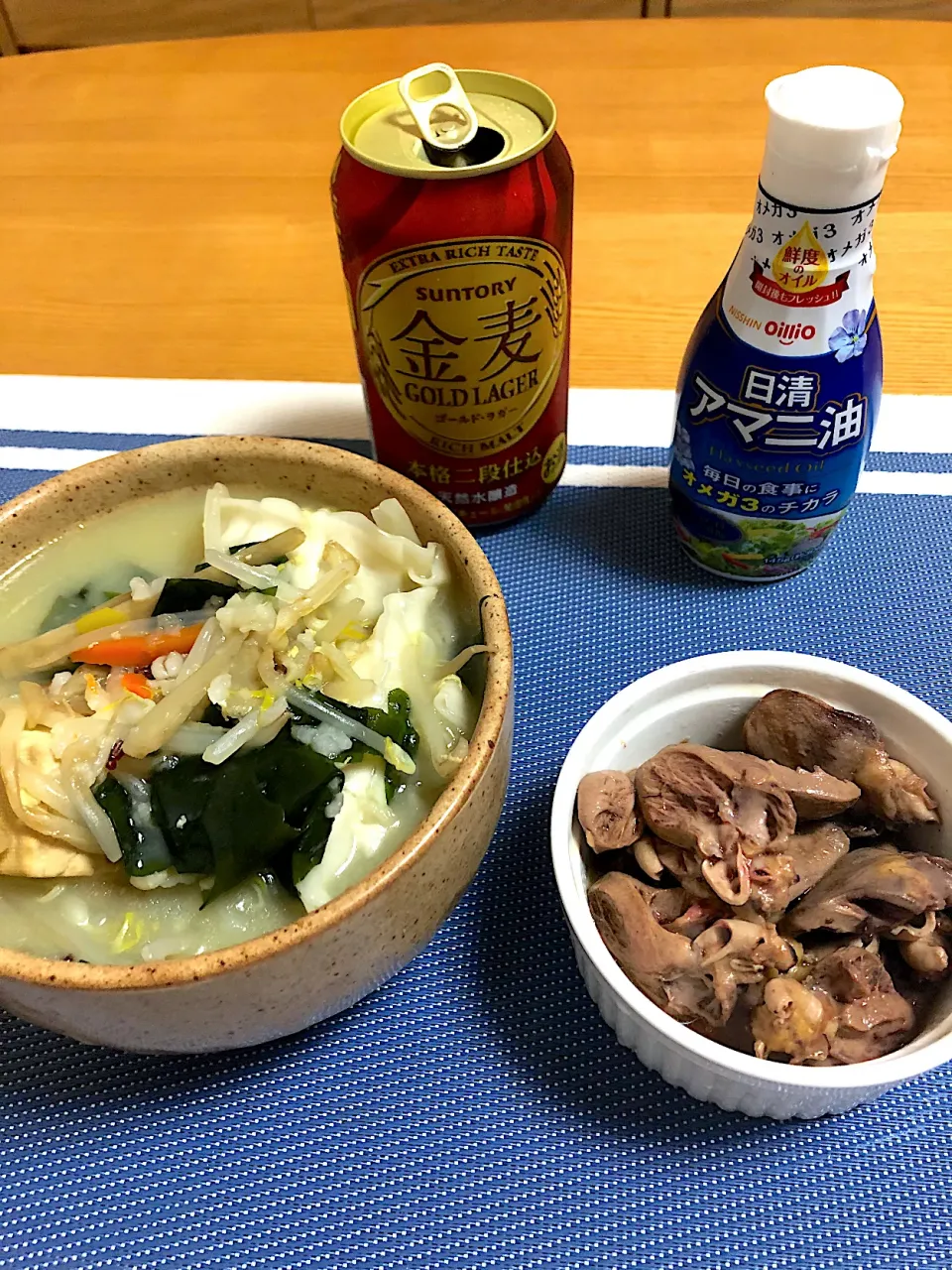 野菜スープにアマニ油と鳥ハートの塩焼き|小次郎さん